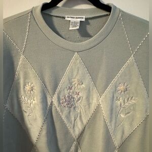 Alfred Dunner VTG Sage Green Granny Embroidered Floral Argyle Large Sweater EUC